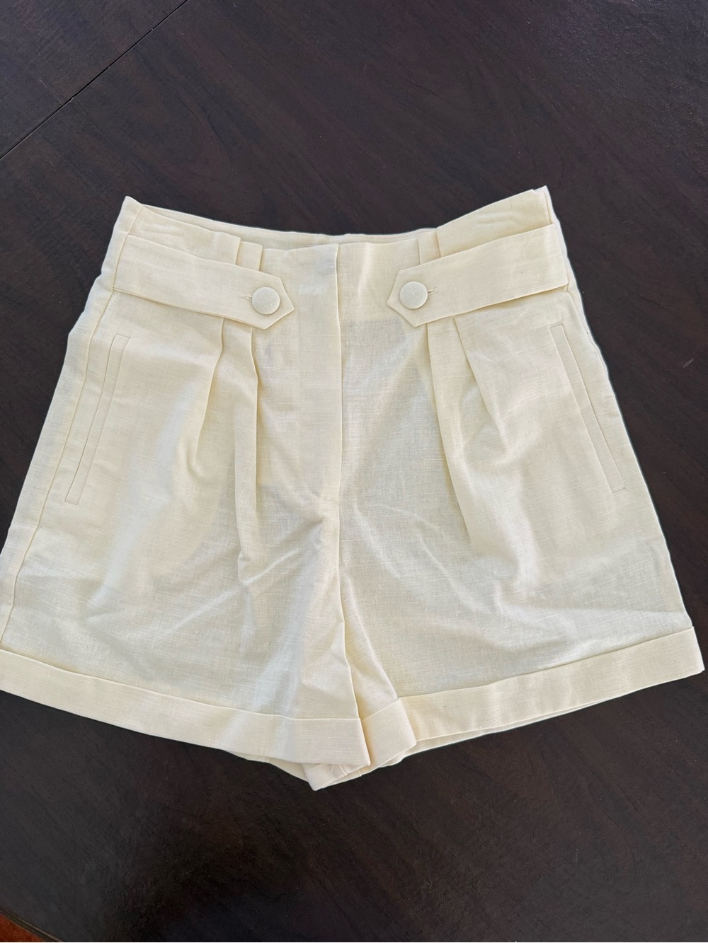 Sezane Fabrizo Jaune Citrine High-Waist Pleated Button-Tab Shorts